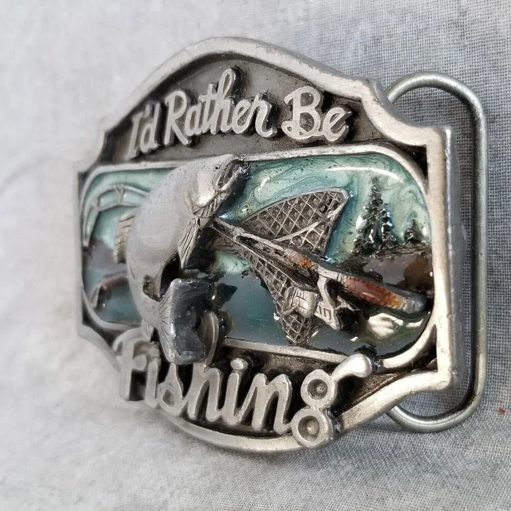 Vintage I'd Rather Be‎ Fishing Belt Buckle Rio Grande Buckle Co. 1989 Pewter